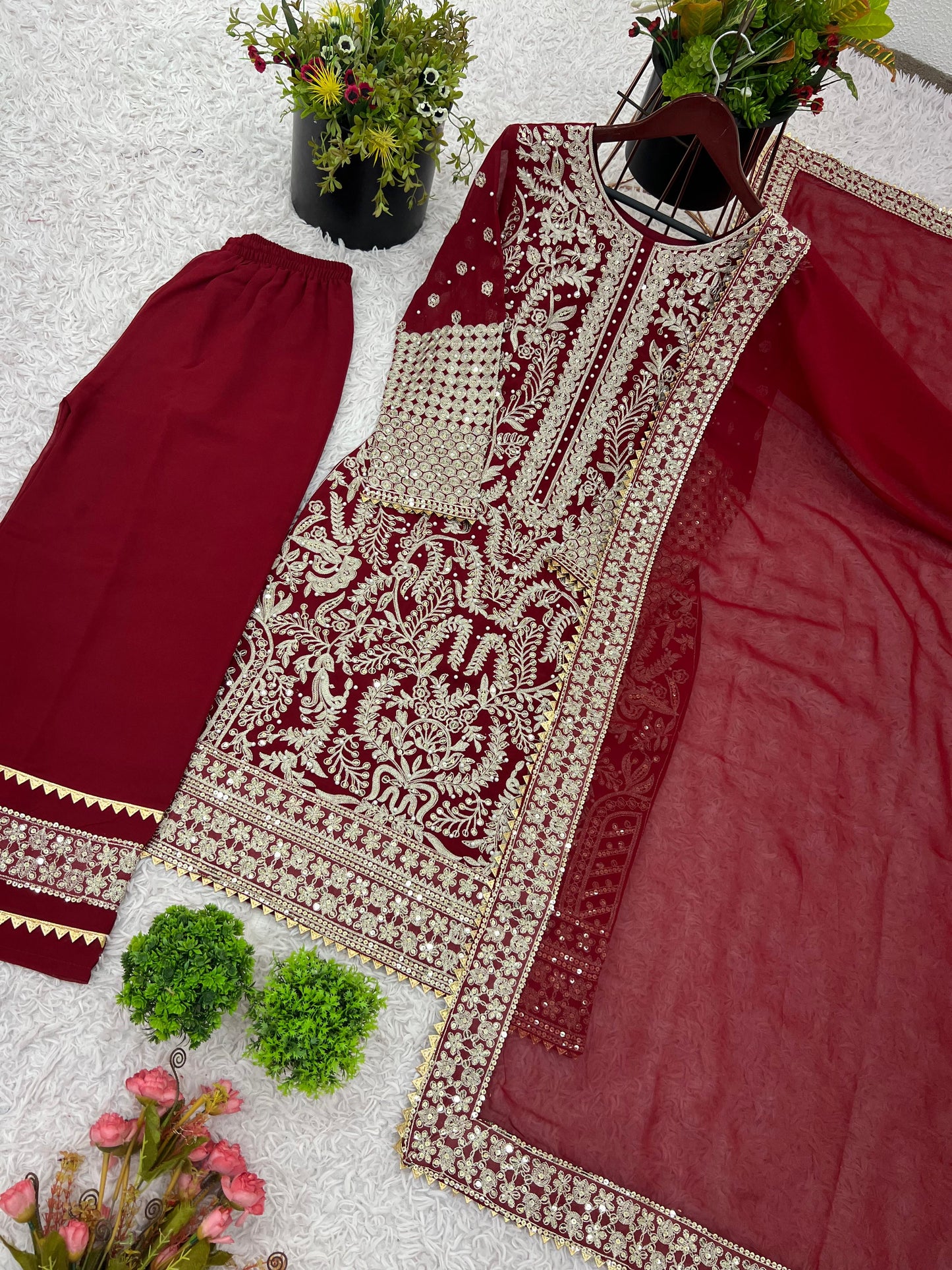 🌙✨ Product Name:
“Royal Elegance Party Wear Embroidered Top-Plazzo & Dupatta Set”