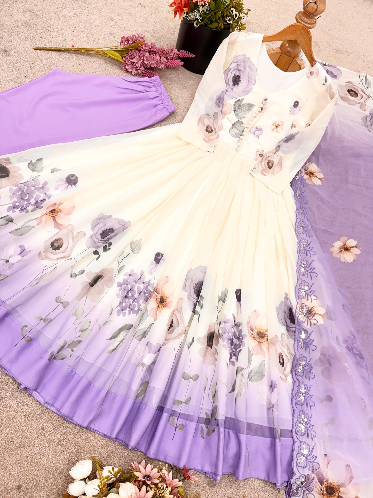 🌸 Product Name:
✨ “Elegance Bloom – Embroidered Georgette Flair Gown Set”