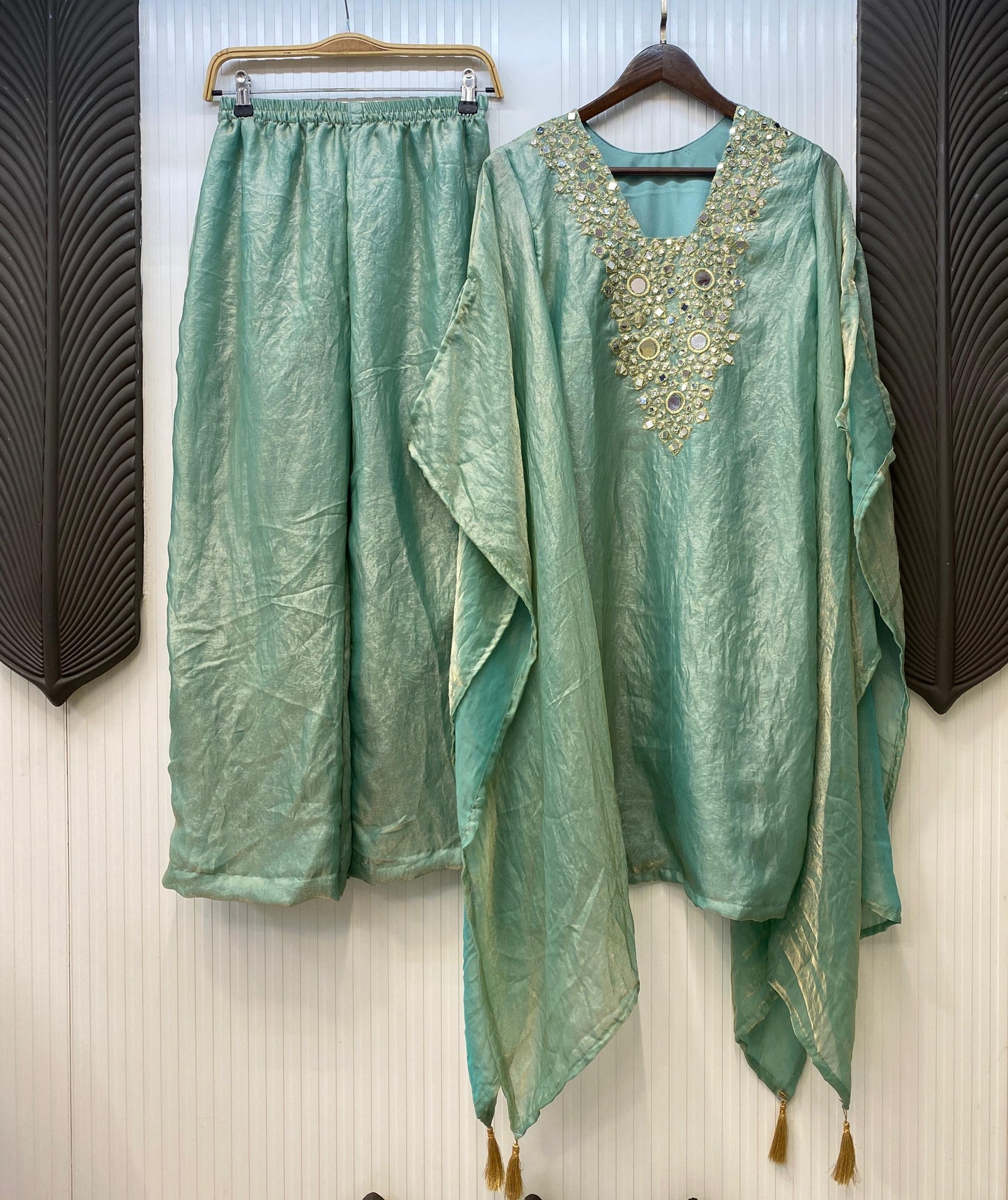 ✅ Product Name (Shopify Title):
✨ Designer Fendy Fabric Suit Set with Real Mirror Embroidery & Palazzo