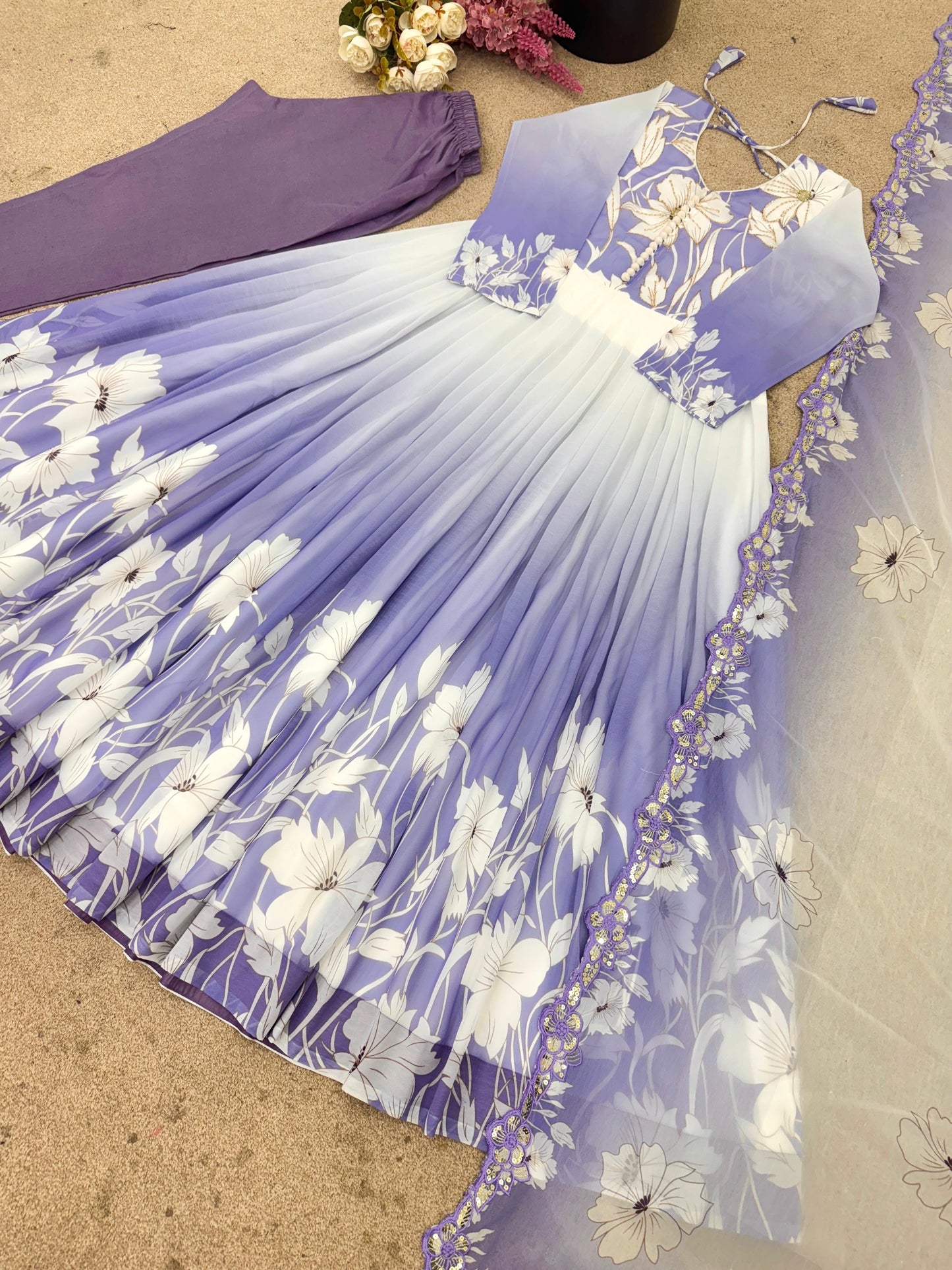 🌸 Product Name:
✨ “Elegance Bloom – Embroidered Georgette Flair Gown Set”