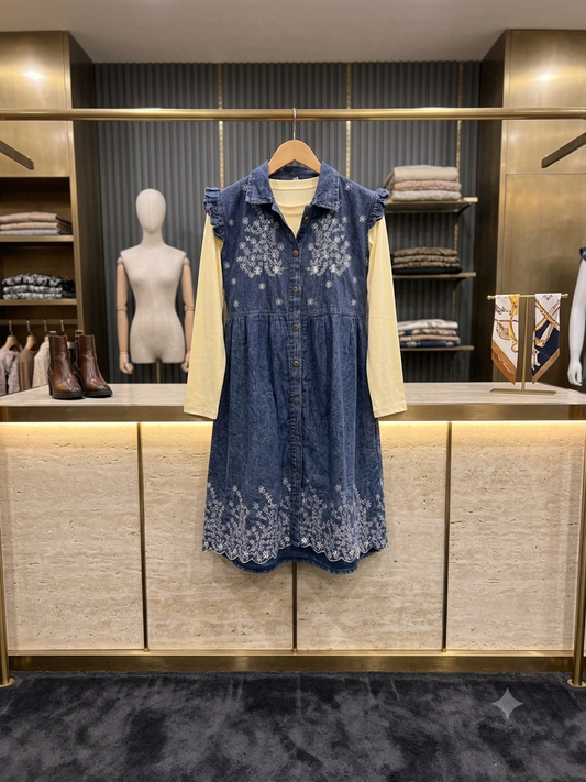 ๐ Premium Embroidered Denim Short Dress with Stretchable Inner (1021)
