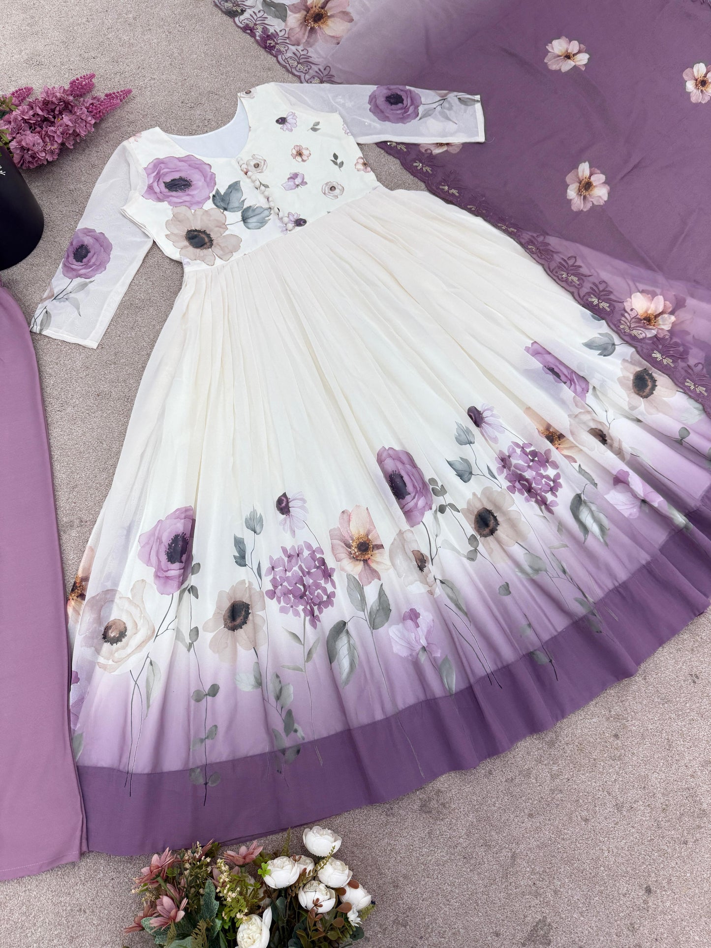 🌸 Product Name:
✨ “Elegance Bloom – Embroidered Georgette Flair Gown Set”