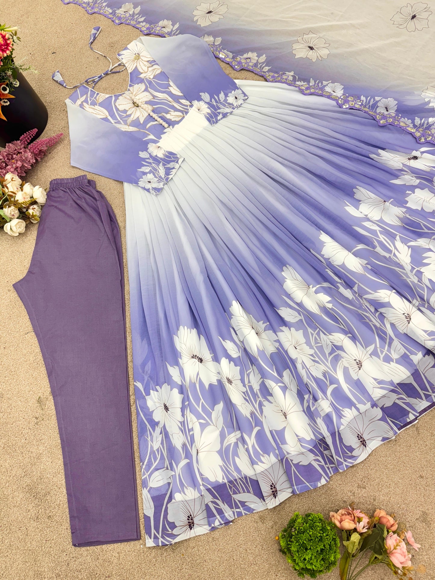 🌸 Product Name:
✨ “Elegance Bloom – Embroidered Georgette Flair Gown Set”