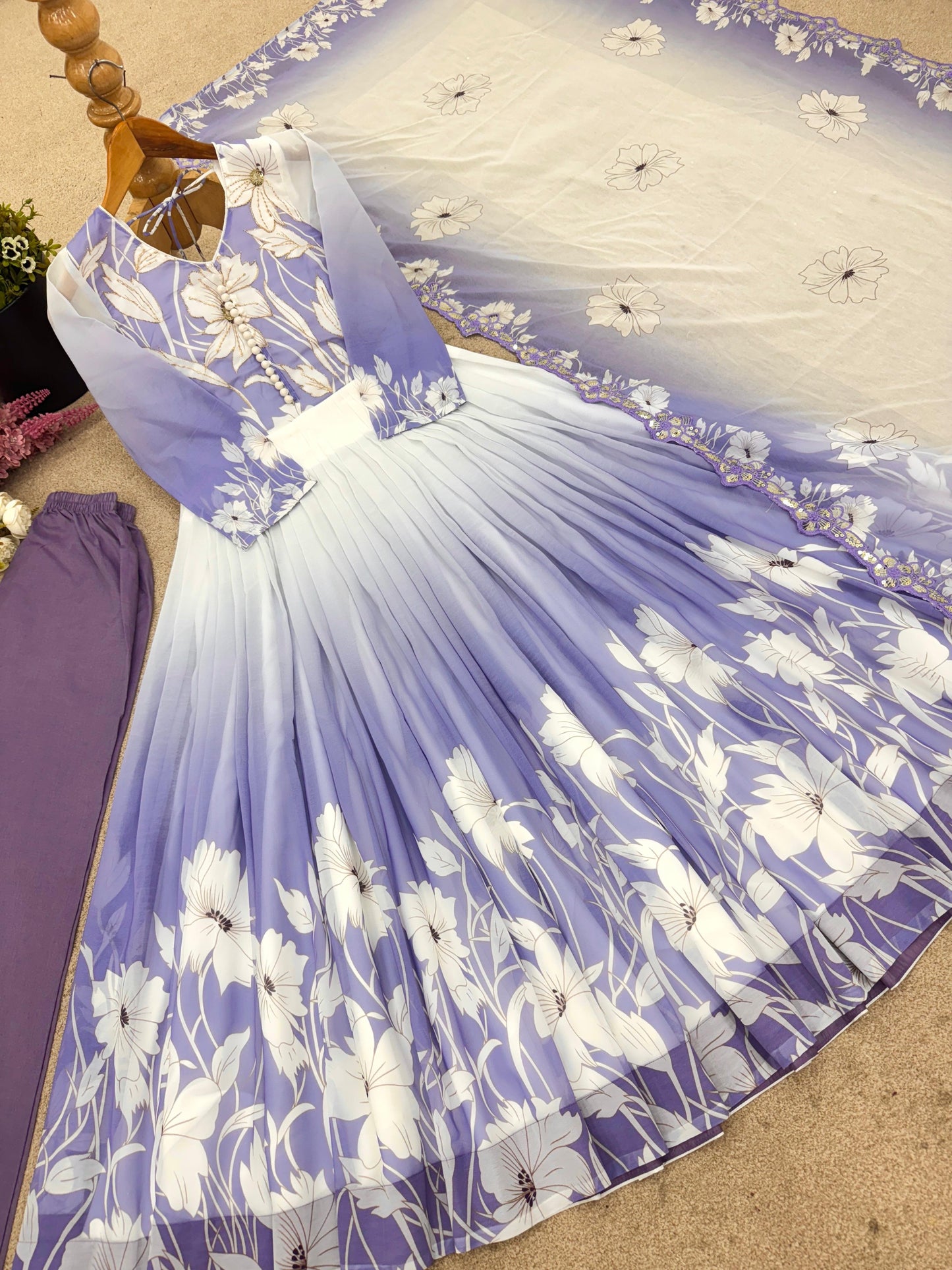 🌸 Product Name:
✨ “Elegance Bloom – Embroidered Georgette Flair Gown Set”