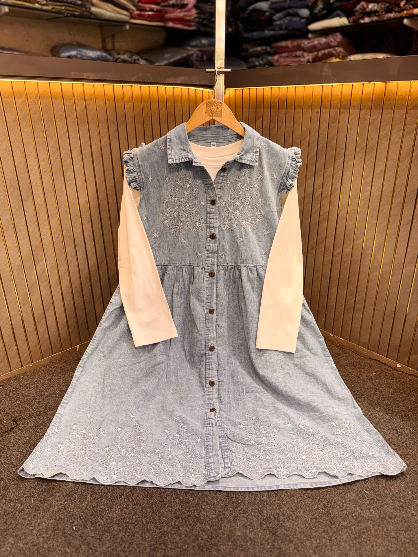 π Premium Embroidered Denim Short Dress with Stretchable Inner (1021)