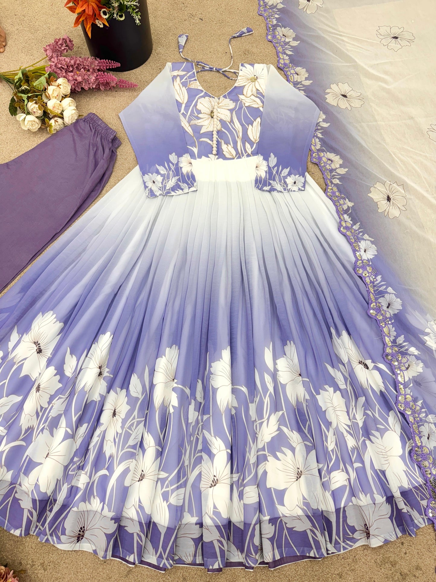 🌸 Product Name:
✨ “Elegance Bloom – Embroidered Georgette Flair Gown Set”