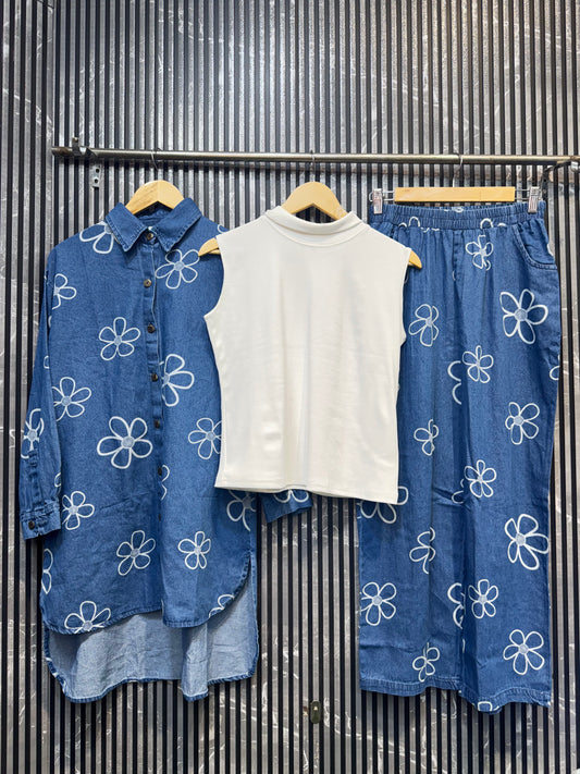 10012Presenting Beautiful outfit denim 3 piece coat set