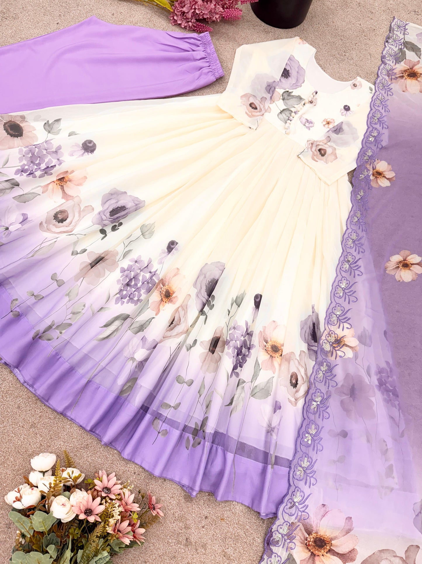 🌸 Product Name:

✨ “Elegance Bloom – Embroidered Georgette Flair Gown Set”
