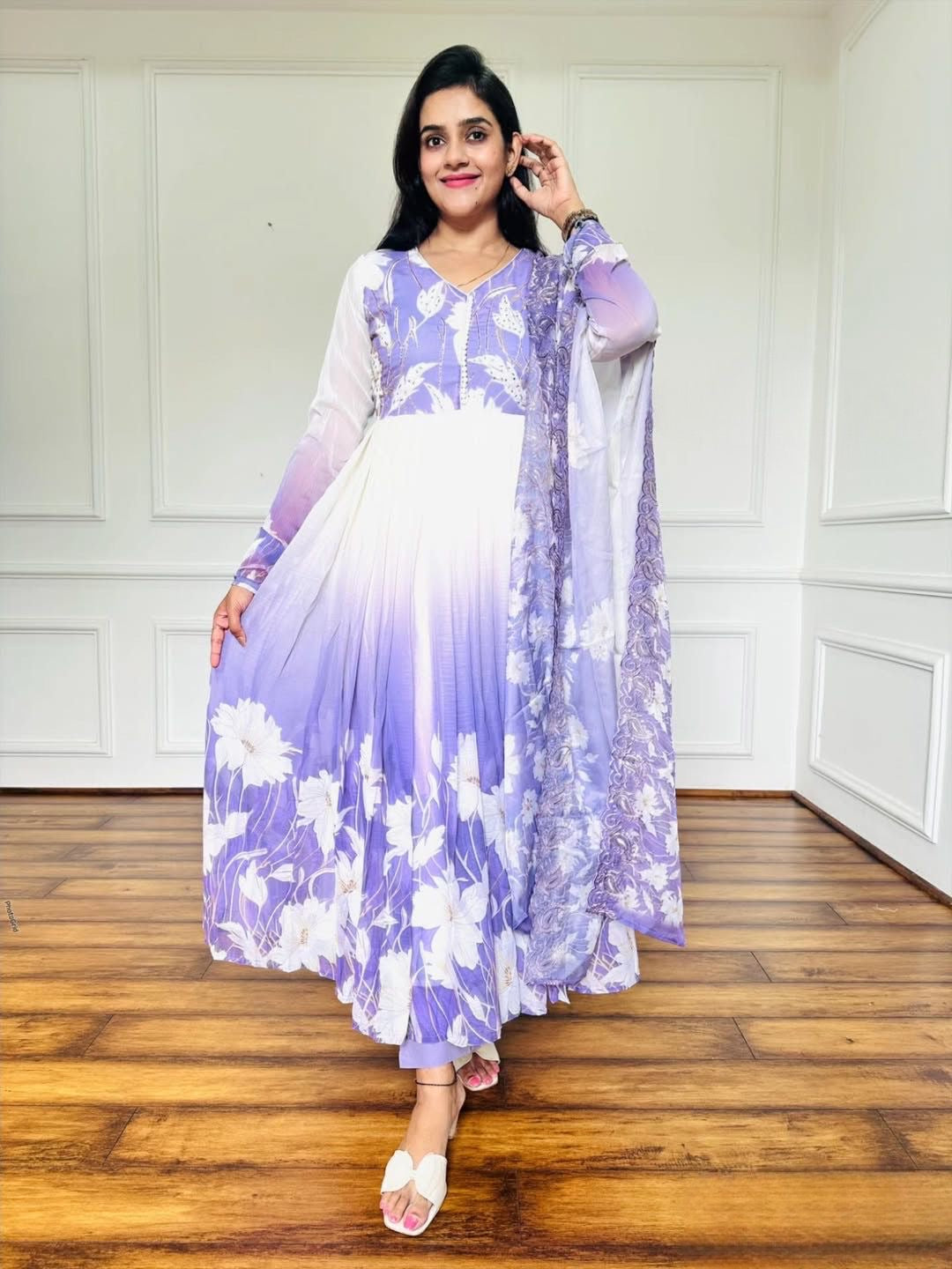 🌸 Product Name:

✨ “Elegance Bloom – Embroidered Georgette Flair Gown Set”