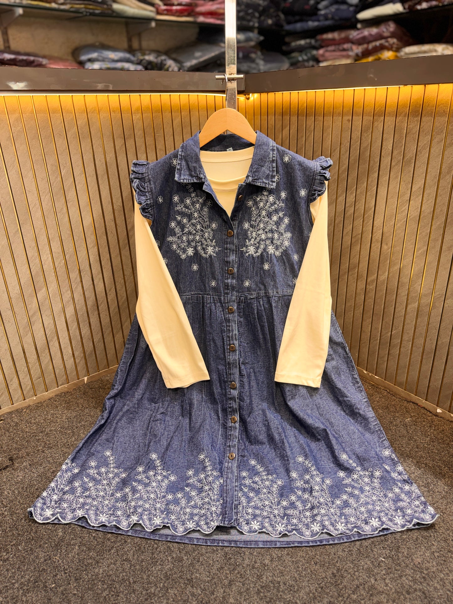 🌟 Premium Embroidered Denim Short Dress with Stretchable Inner (1021)