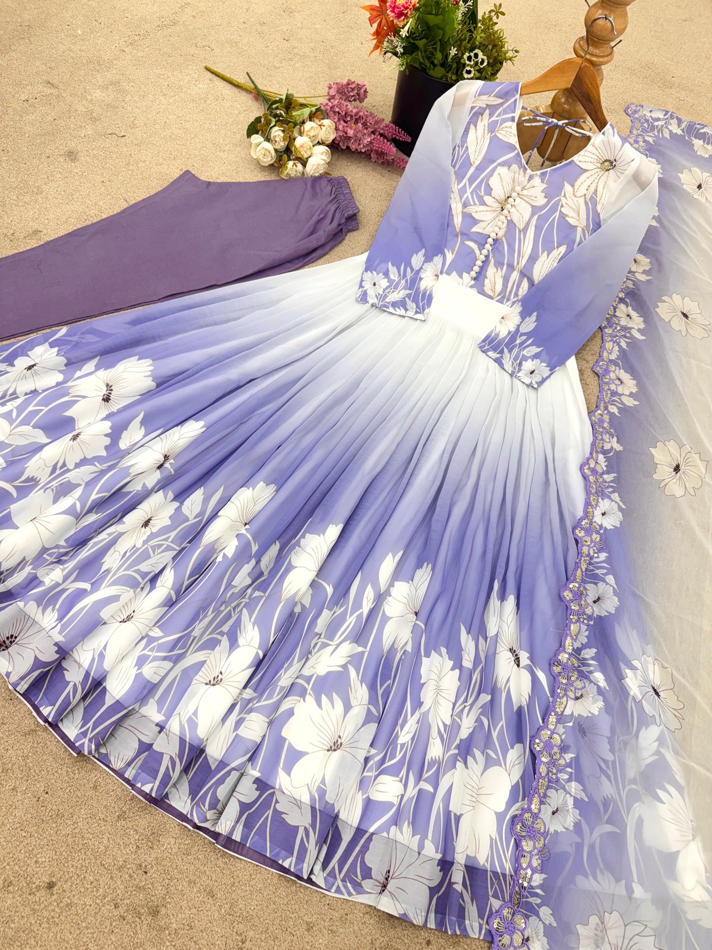 🌸 Product Name:

✨ “Elegance Bloom – Embroidered Georgette Flair Gown Set”