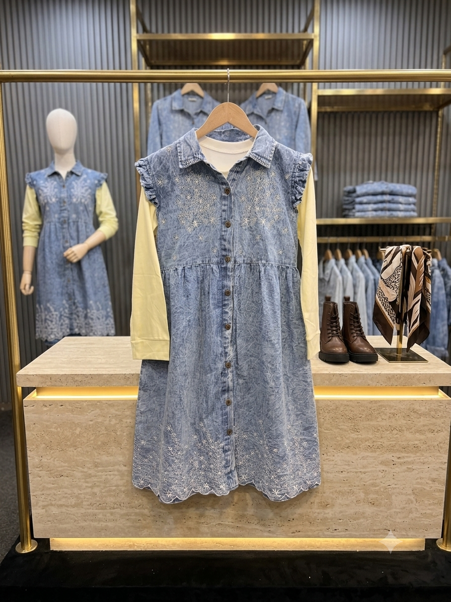 🌟 Premium Embroidered Denim Short Dress with Stretchable Inner (1021)