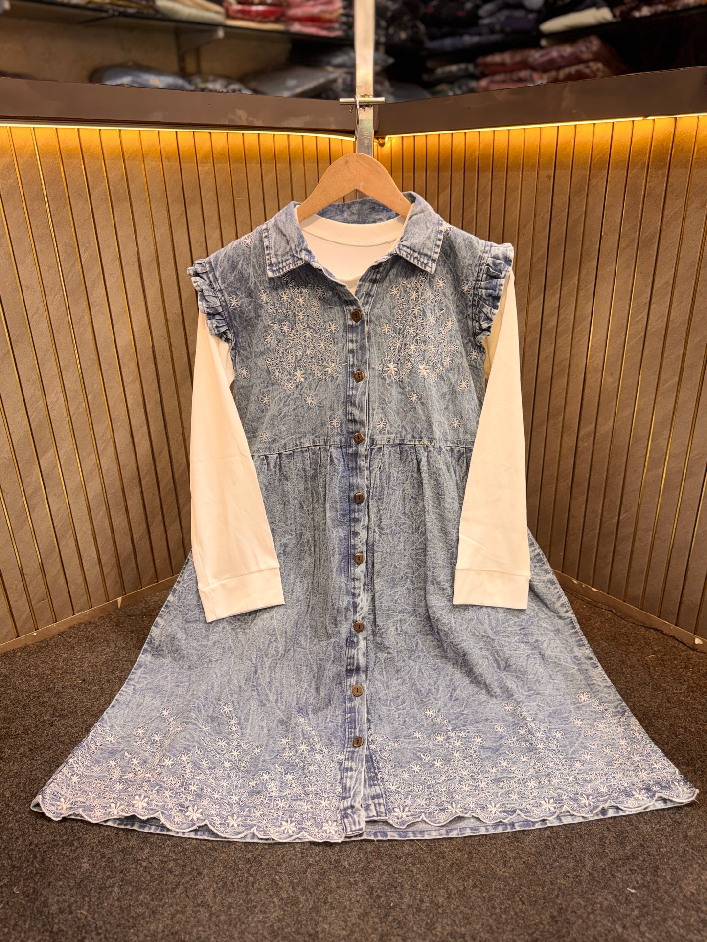 🌟 Premium Embroidered Denim Short Dress with Stretchable Inner (1021)