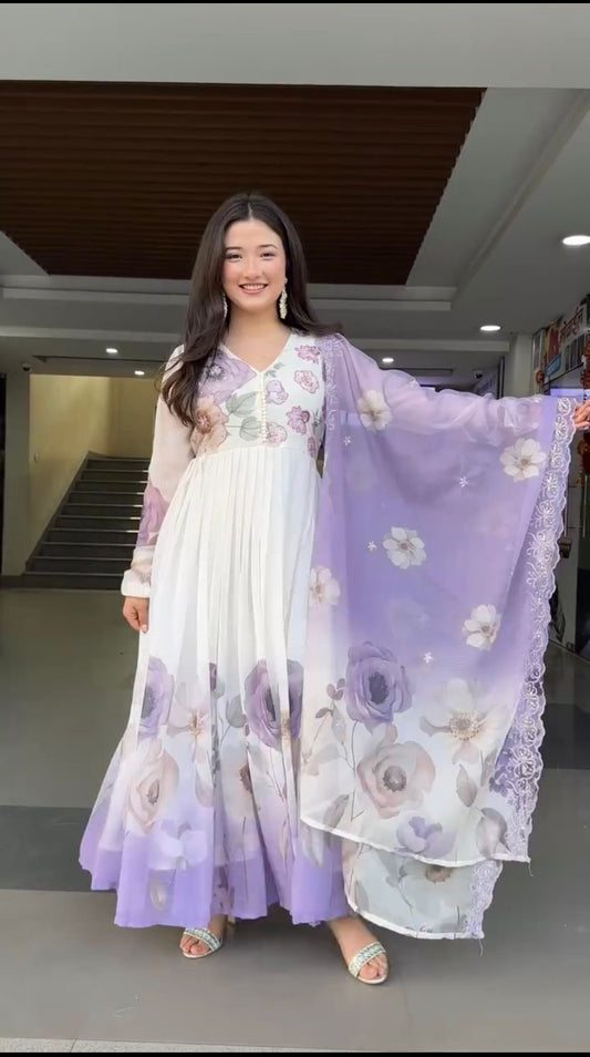 🌸 Product Name:

✨ “Elegance Bloom – Embroidered Georgette Flair Gown Set”