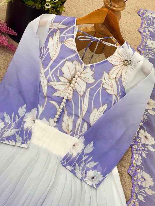 🌸 Product Name:

✨ “Elegance Bloom – Embroidered Georgette Flair Gown Set”