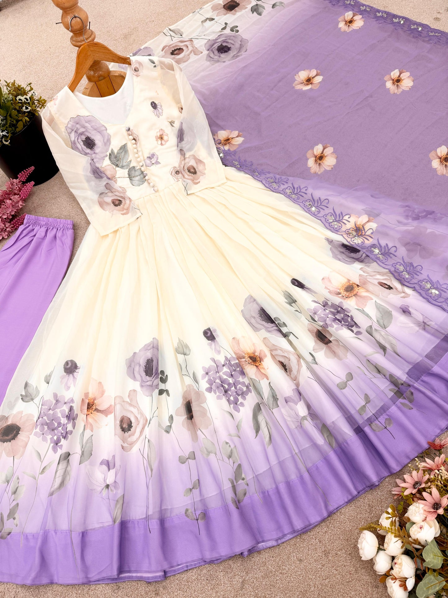 🌸 Product Name:

✨ “Elegance Bloom – Embroidered Georgette Flair Gown Set”