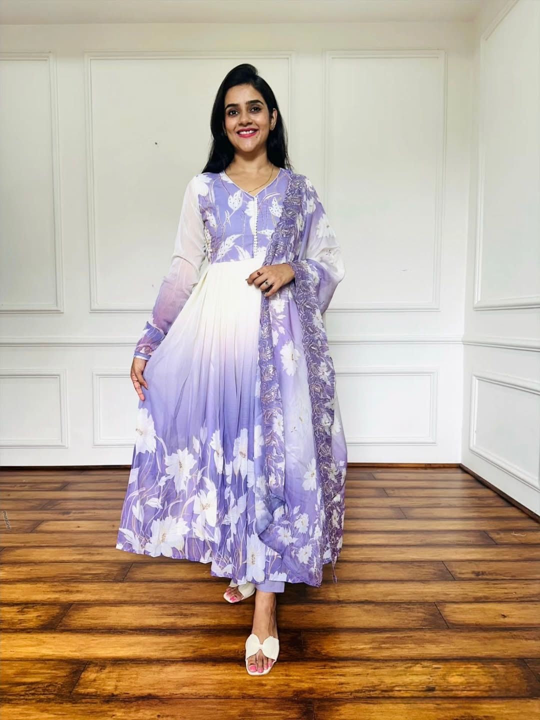 🌸 Product Name:

✨ “Elegance Bloom – Embroidered Georgette Flair Gown Set”