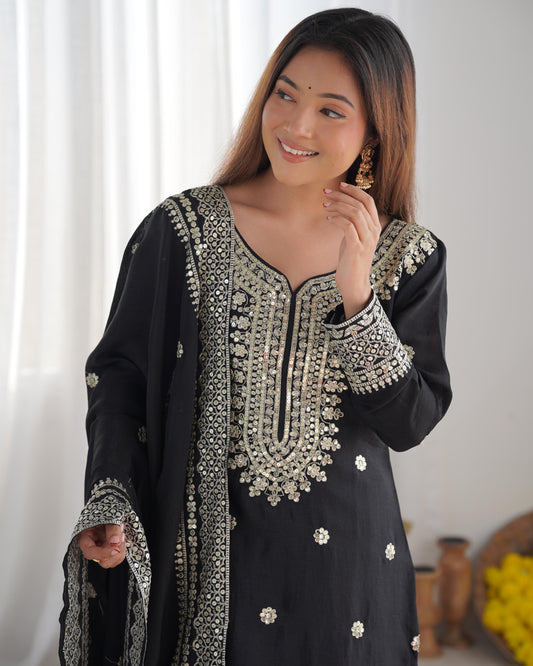 🪷
Chinnon Silk Embroidered Top-Plazo-Dupatta Set – Premium Ready-to-Wear”