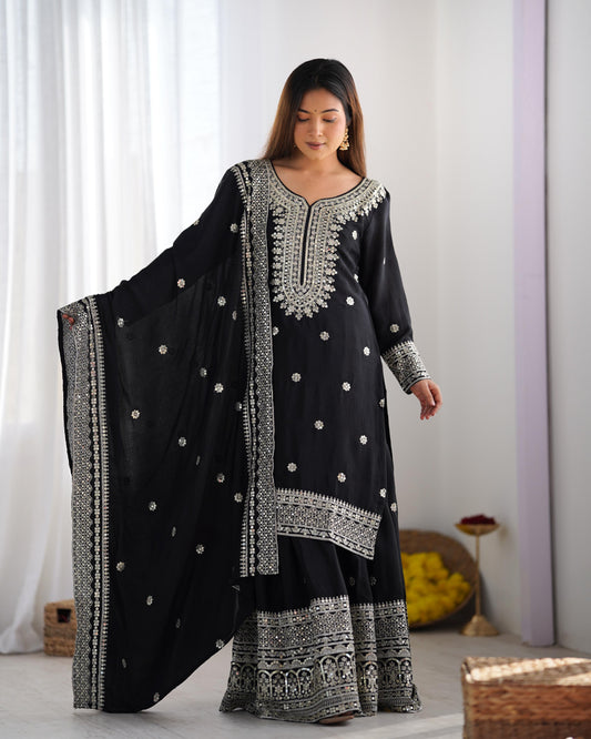 🪷
Chinnon Silk Embroidered Top-Plazo-Dupatta Set – Premium Ready-to-Wear”