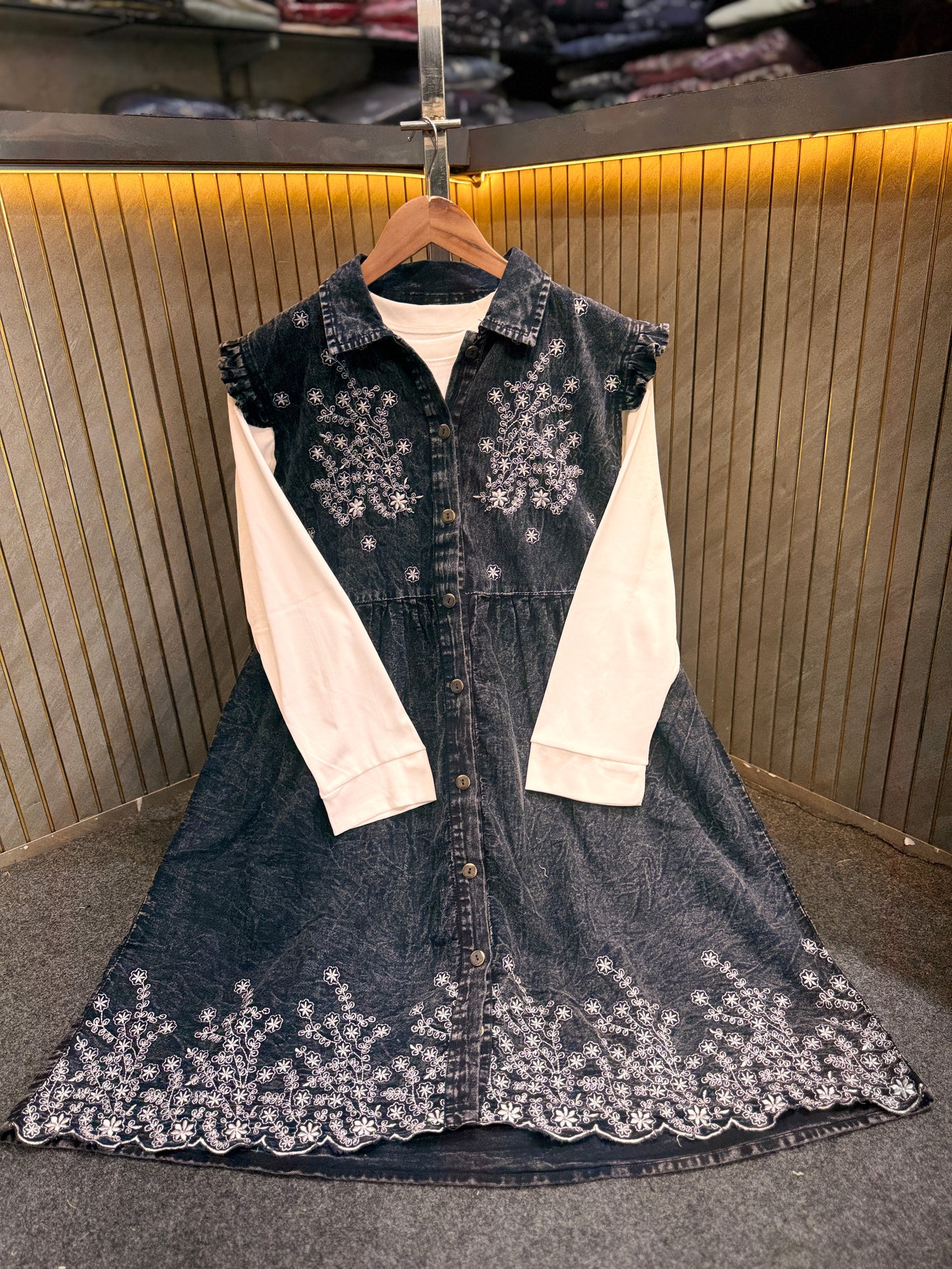 🌟 Premium Embroidered Denim Short Dress with Stretchable Inner (1021)