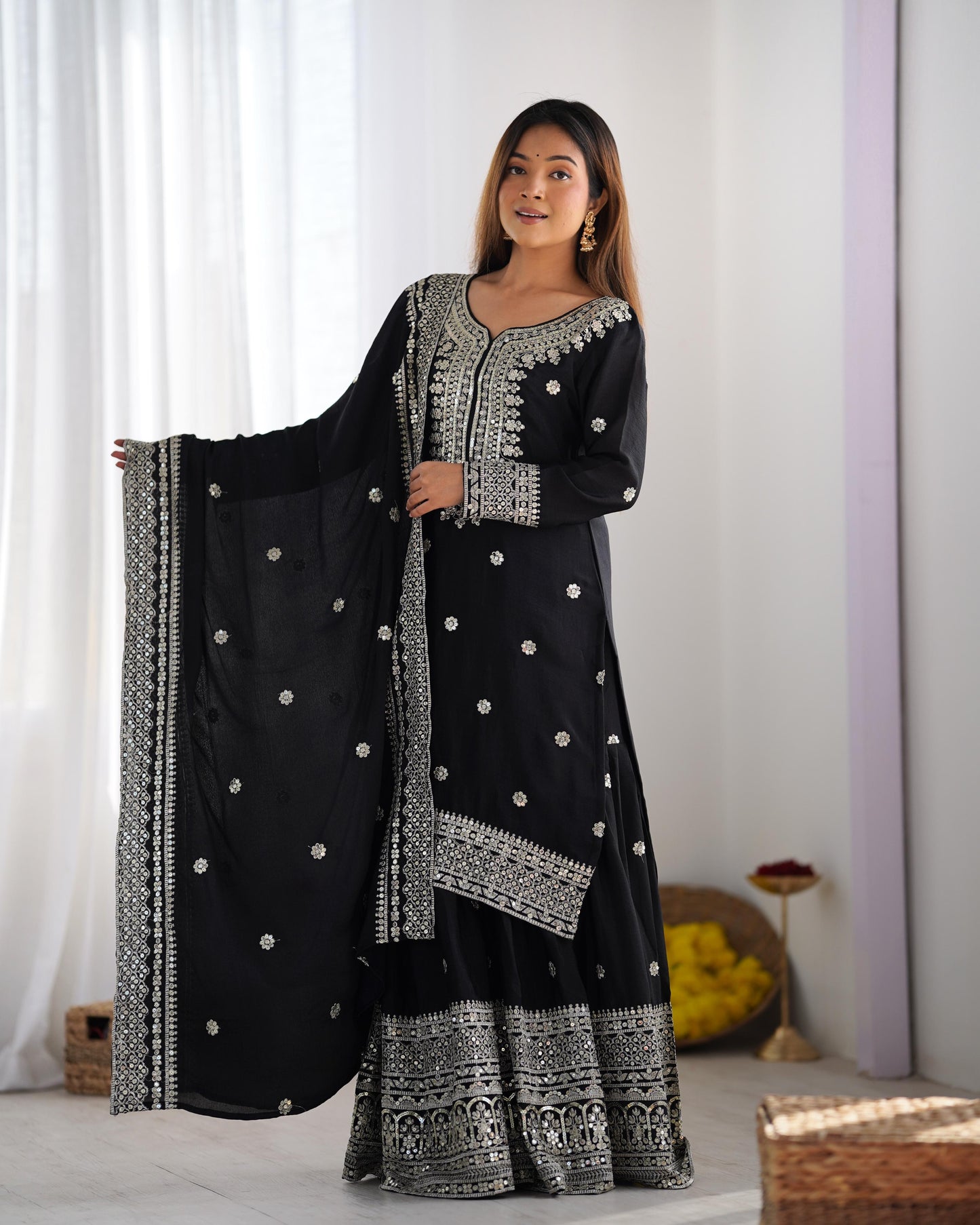 🪷
Chinnon Silk Embroidered Top-Plazo-Dupatta Set – Premium Ready-to-Wear”