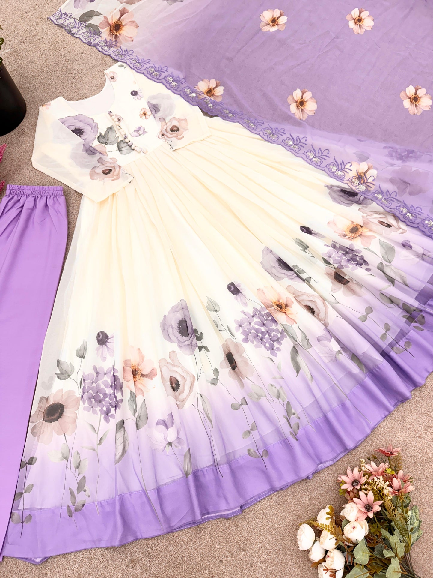 🌸 Product Name:

✨ “Elegance Bloom – Embroidered Georgette Flair Gown Set”