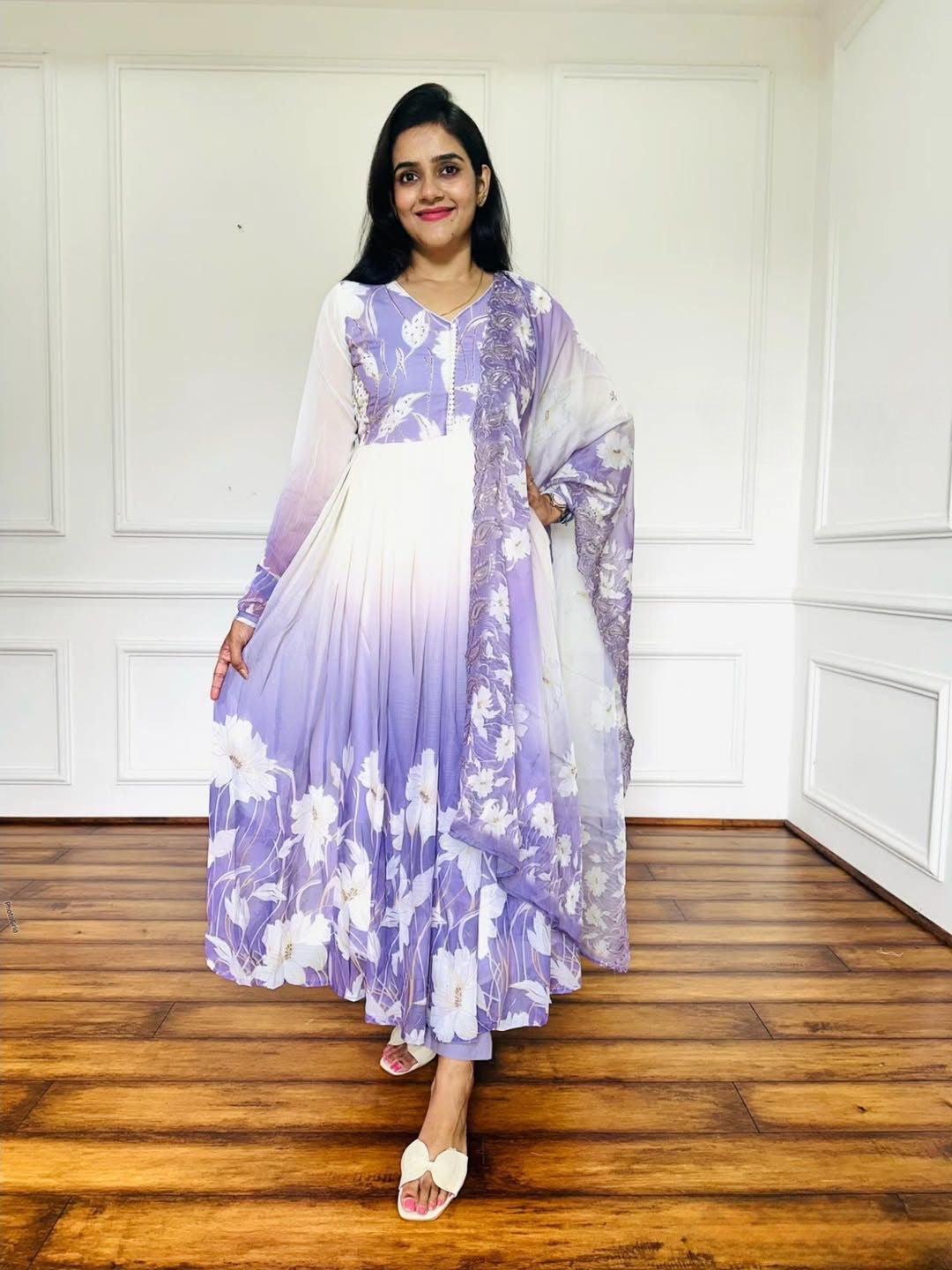 🌸 Product Name:

✨ “Elegance Bloom – Embroidered Georgette Flair Gown Set”