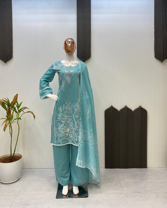 ✨Designer Roman Silk Sequence Embroidered Suit Set with Dupatta ✨