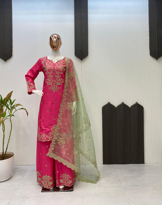 ✨ Exclusive Sequins Embroidery Kurti, Palazzo & Dupatta Set✨