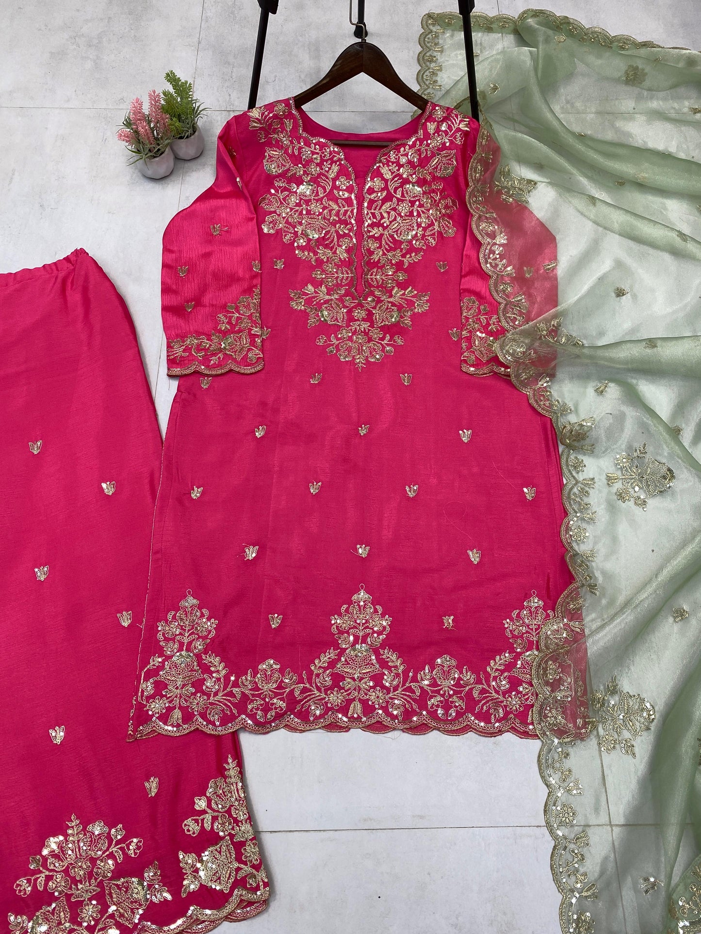 ✨ Exclusive Sequins Embroidery Kurti, Palazzo & Dupatta Set✨