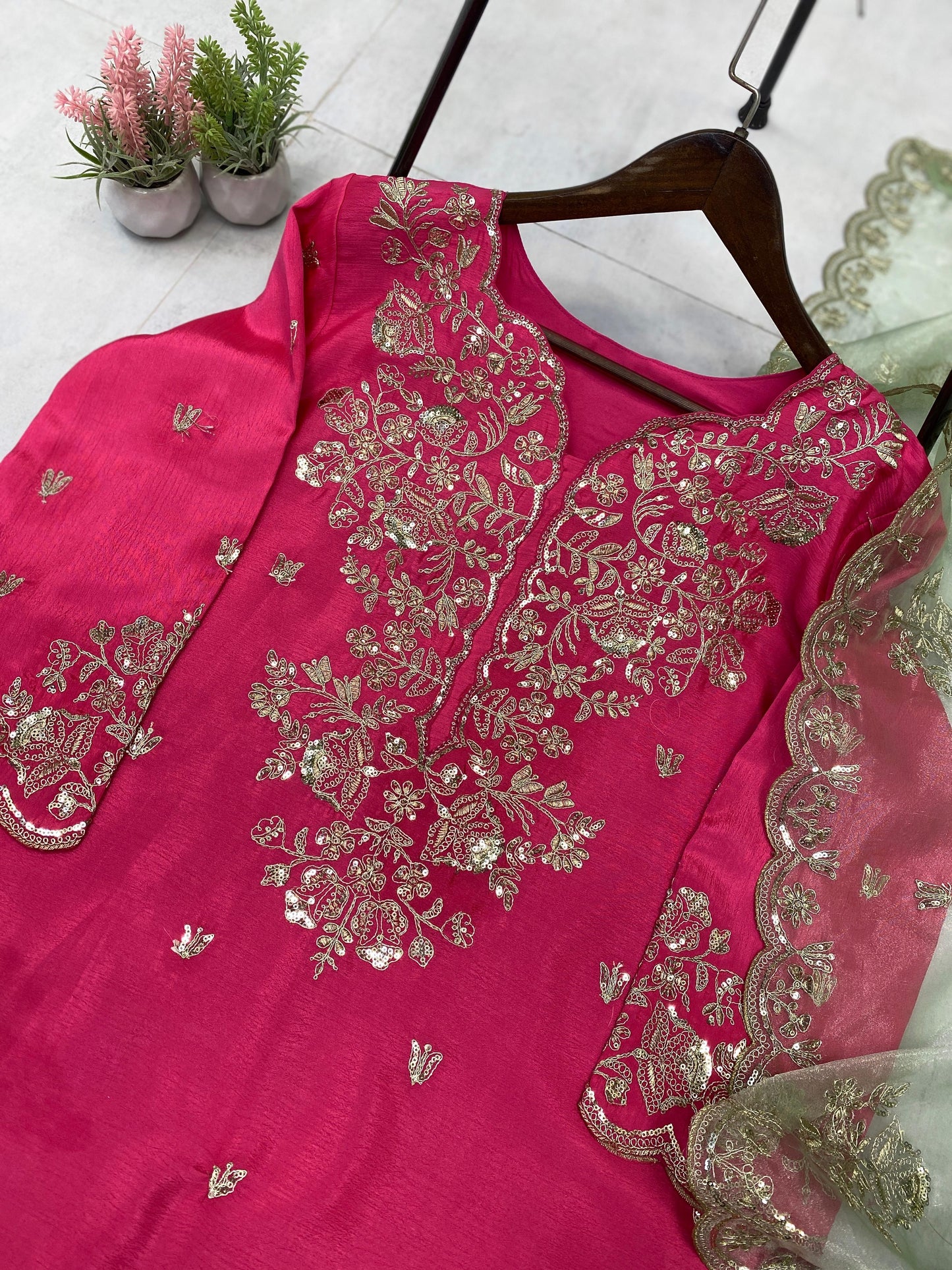 ✨ Exclusive Sequins Embroidery Kurti, Palazzo & Dupatta Set✨