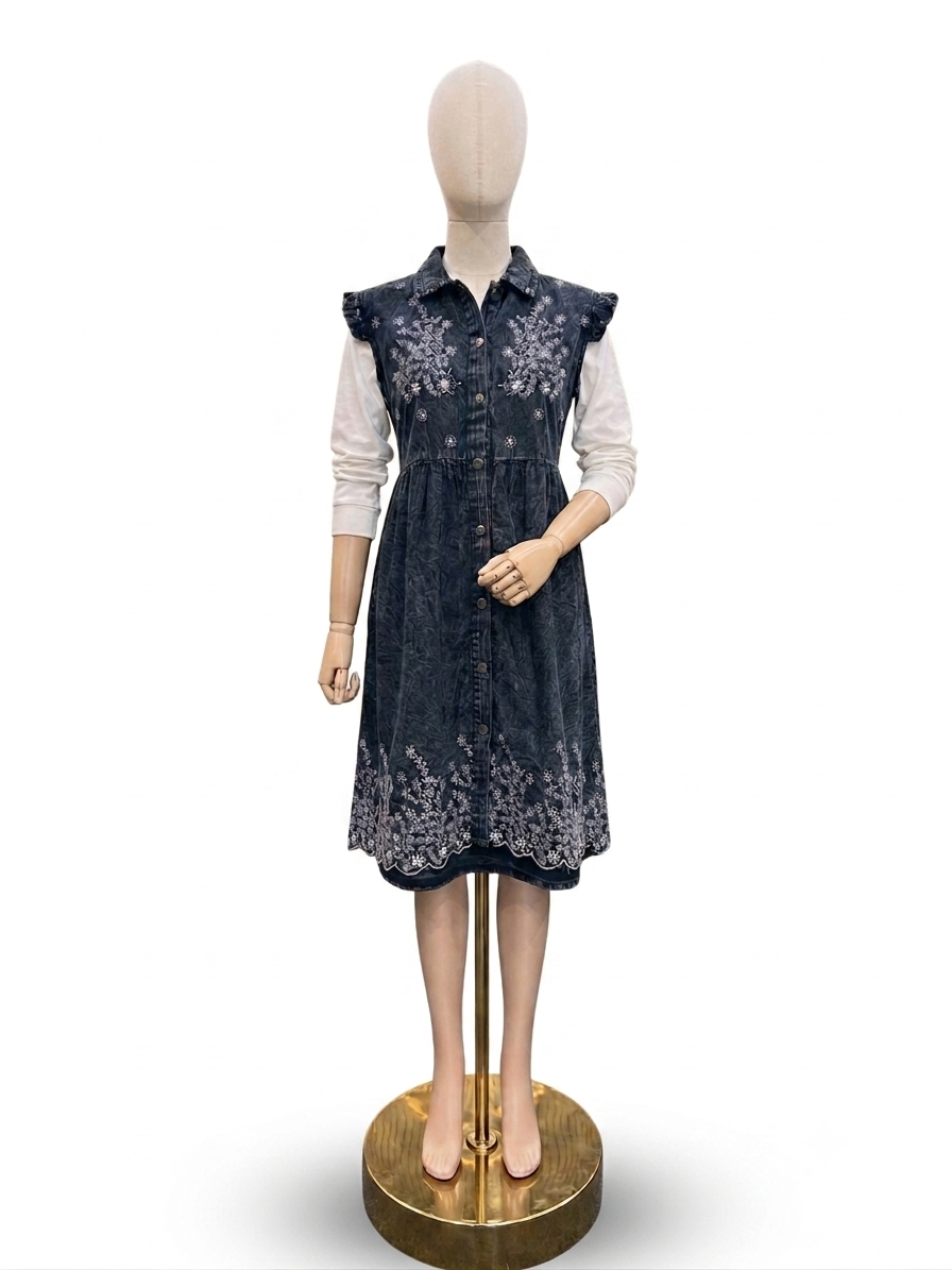 🌟 Premium Embroidered Denim Short Dress with Stretchable Inner (1021)